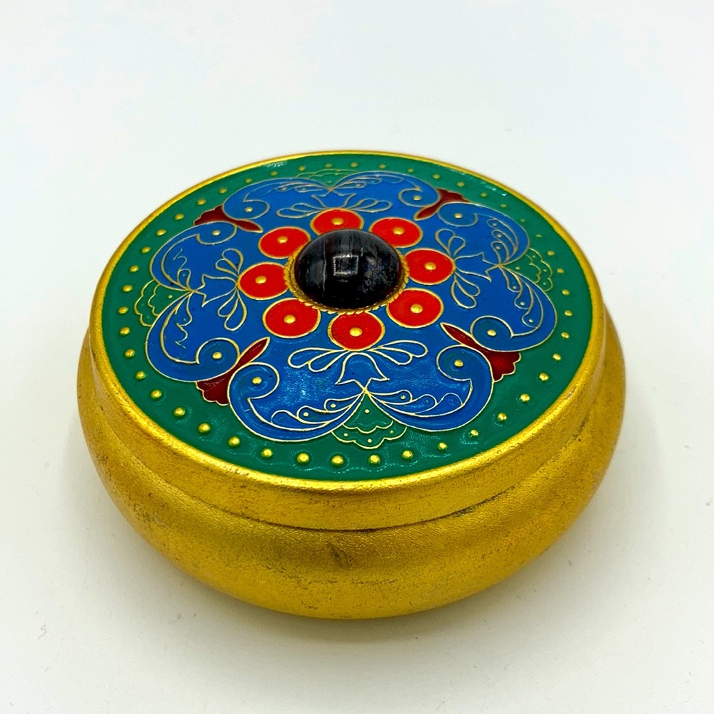 Lidded Trinket Box Gold Tone Blue Green Red Enamel Boho Bollywood Filigree